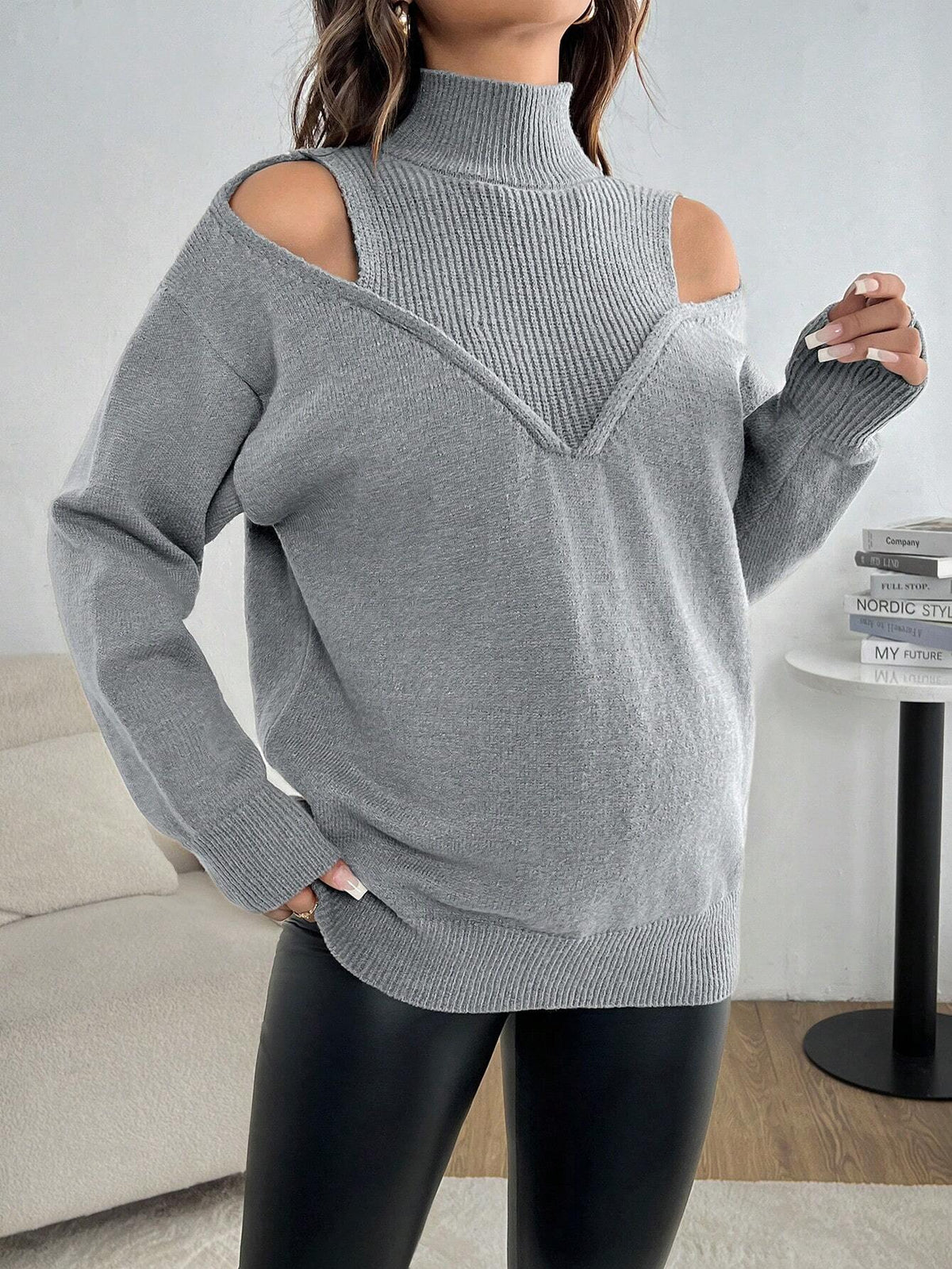 Maternity Grey Cutout-Shoulder Long-Sleeve Casual Sweater