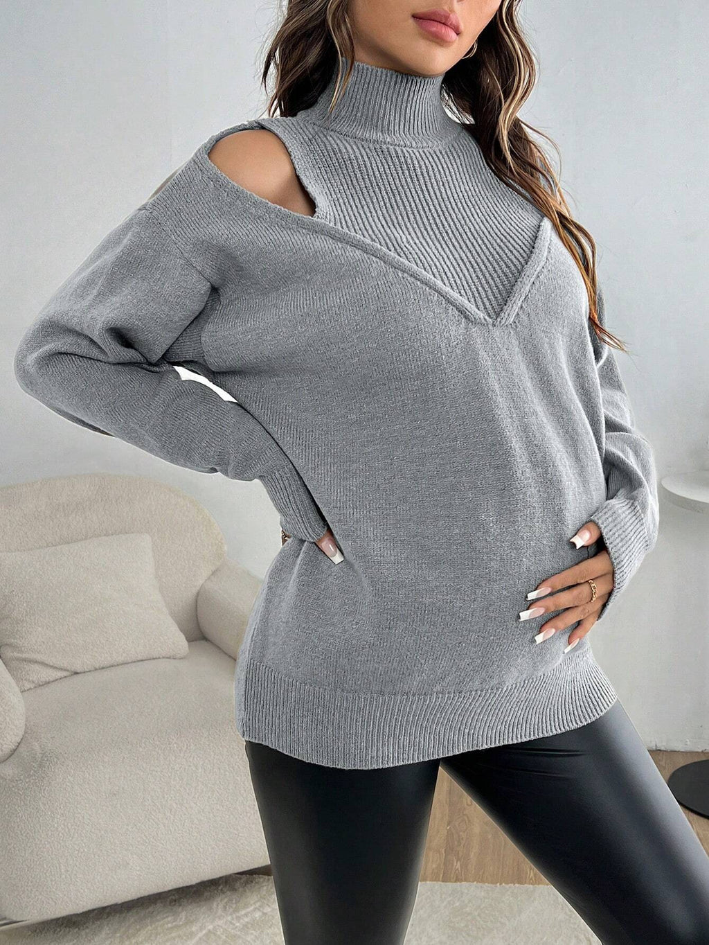 Maternity Grey Cutout-Shoulder Long-Sleeve Casual Sweater