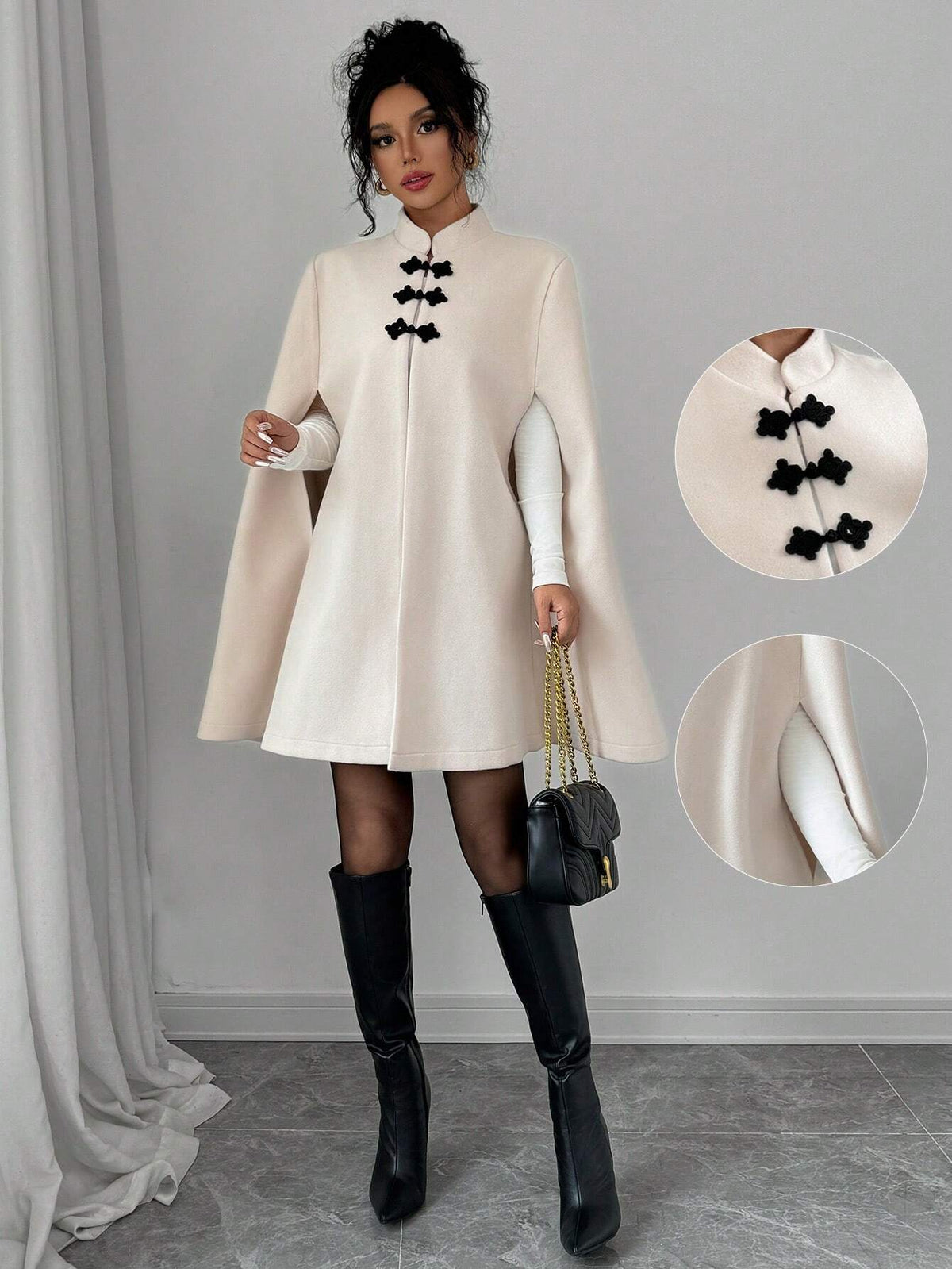 Manteau style cape à col montant et contrastes, couleur abricot, style chinois Elenzga