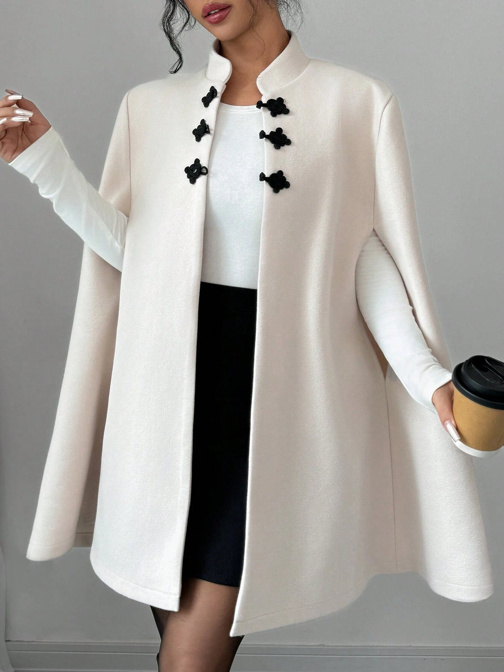 Elenzga Apricot Chinese-Style Stand-Collar Contrast Cloak-Style Overcoat