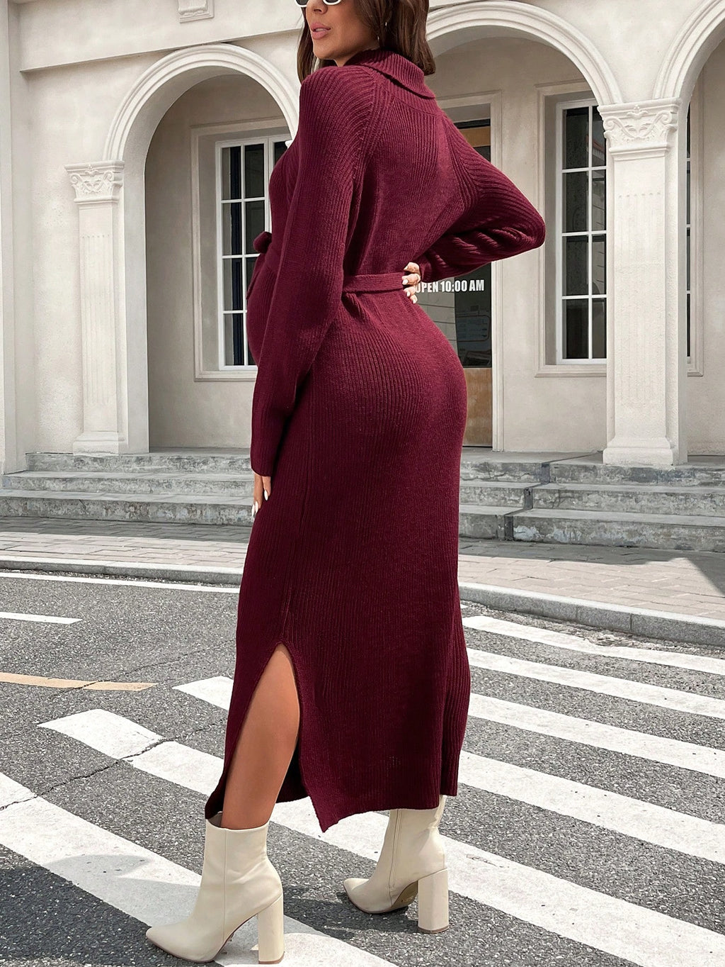 Maternity Burgundy High-Collar Open-Slit Tied Nursing Long-Sleeve Dress