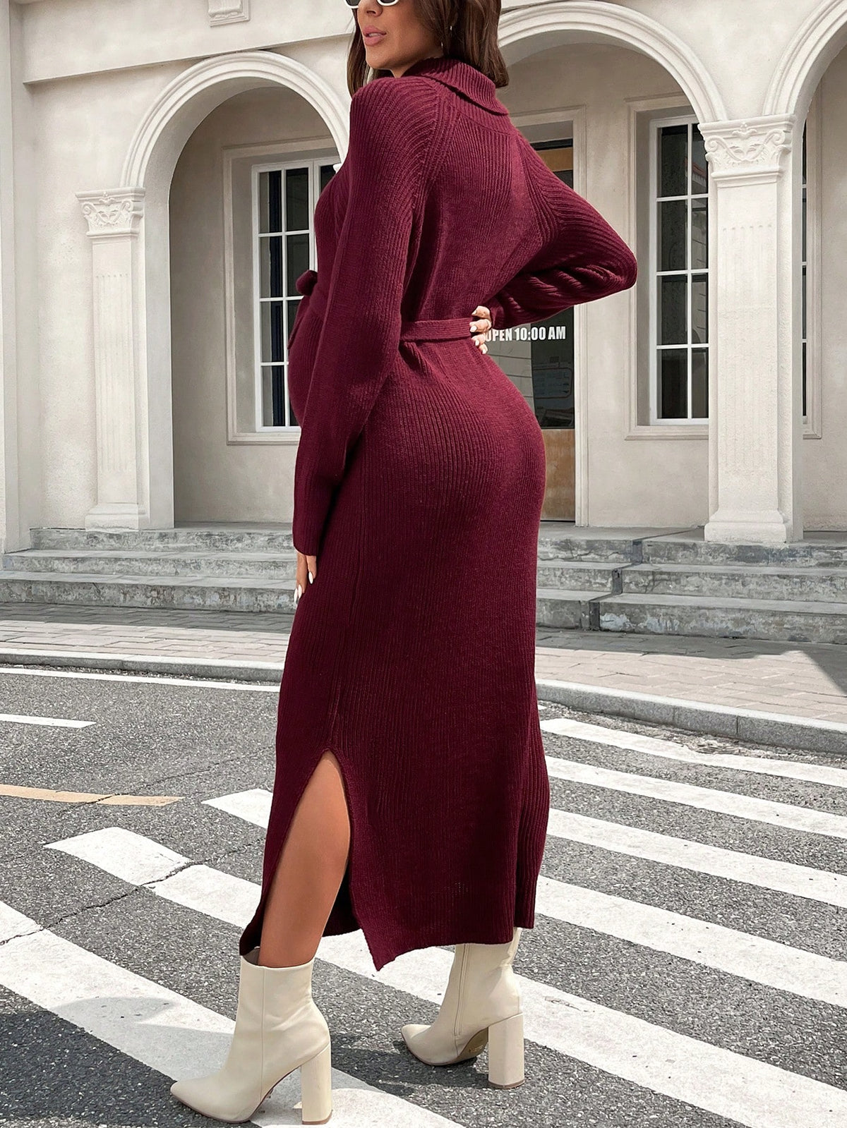 Maternity Burgundy High-Collar Open-Slit Tied Nursing Long-Sleeve Dress