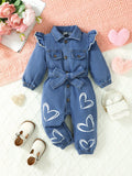 Baby Girl Cap Sleeve Heart Decor Washed Denim Jumpsuit