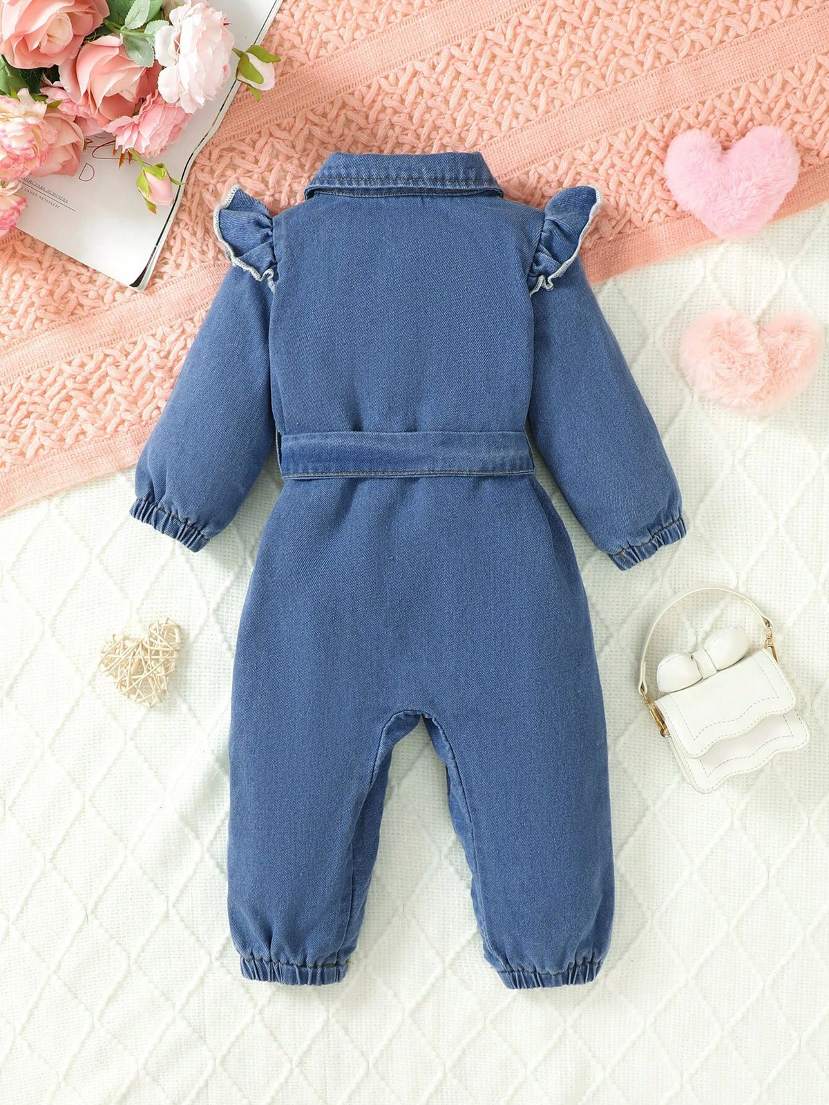 Baby Girl Cap Sleeve Heart Decor Washed Denim Jumpsuit