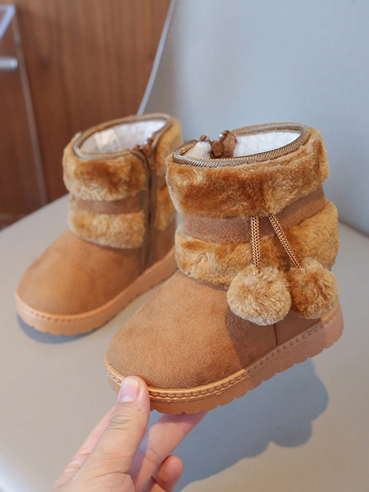 Plush Furry Ball Snow Boots 1 Pair - Khaki