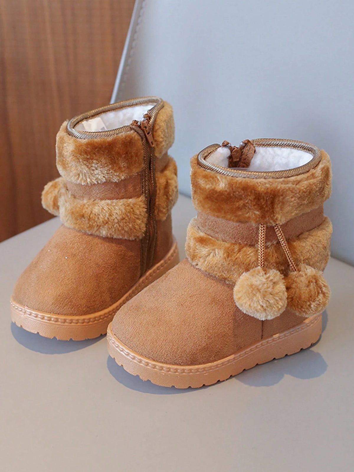 Plush Furry Ball Snow Boots 1 Pair - Khaki