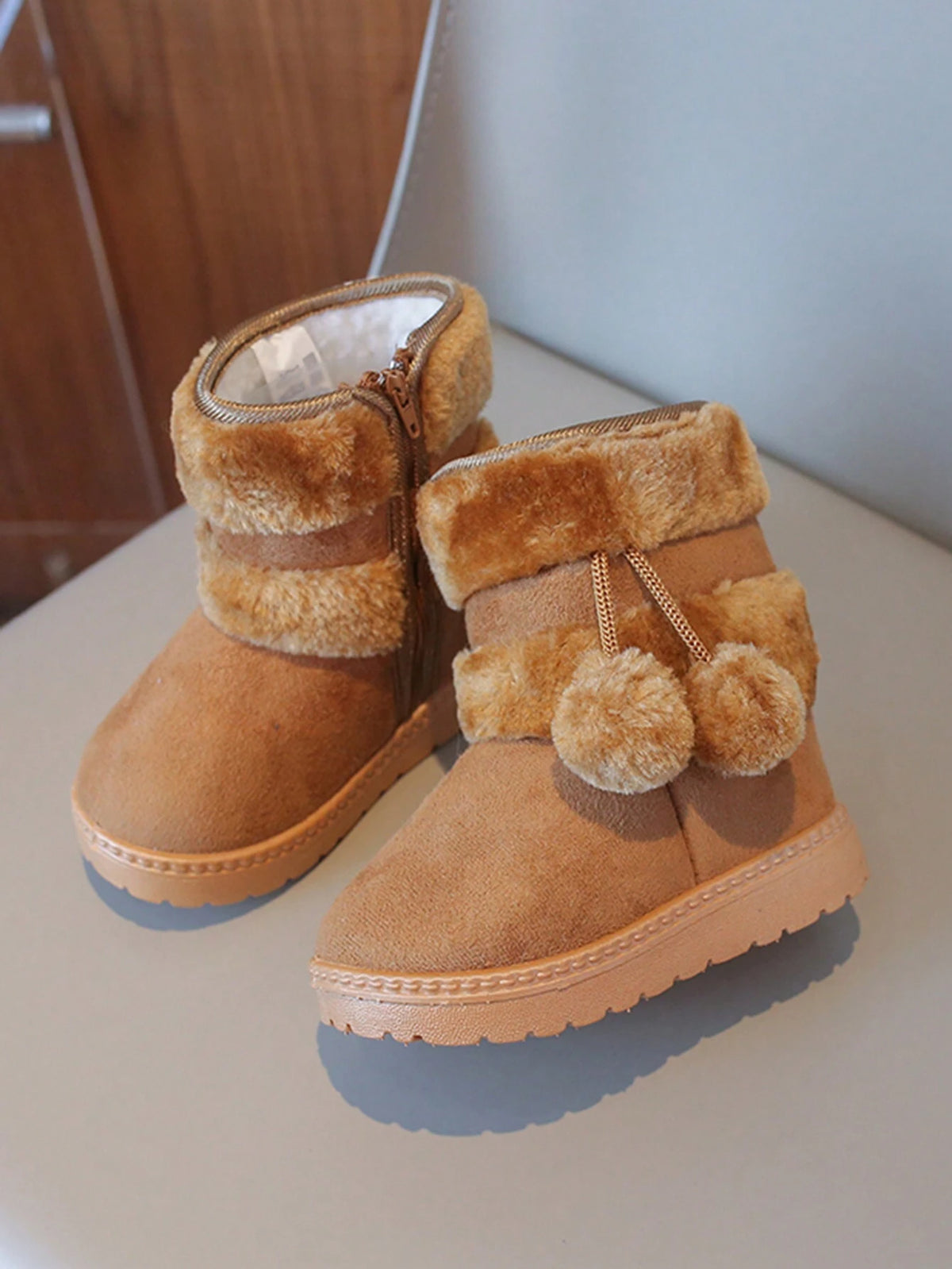 Plush Furry Ball Snow Boots 1 Pair - Khaki