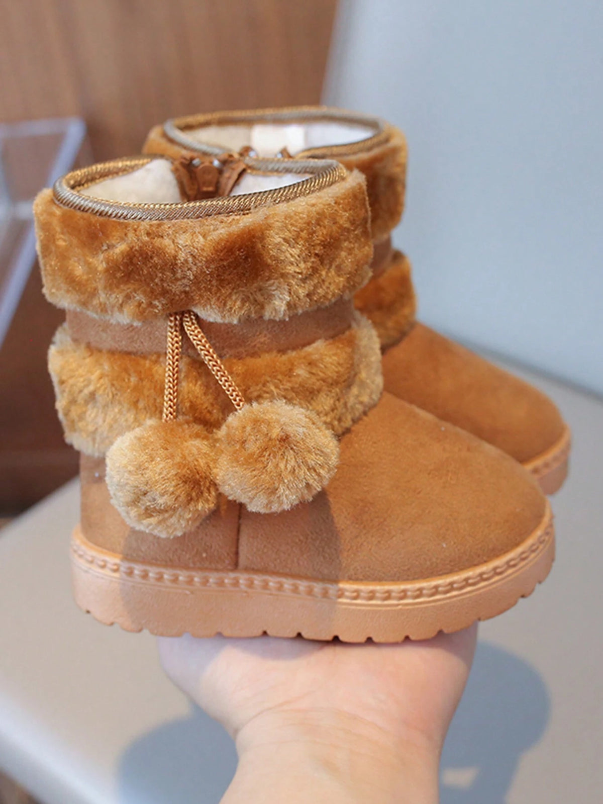 Plush Furry Ball Snow Boots 1 Pair - Khaki