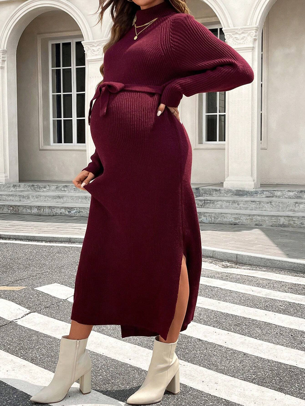Maternity Burgundy High-Collar Open-Slit Tied Nursing Long-Sleeve Dress