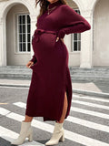 Maternity Burgundy High-Collar Open-Slit Tied Nursing Long-Sleeve Dress