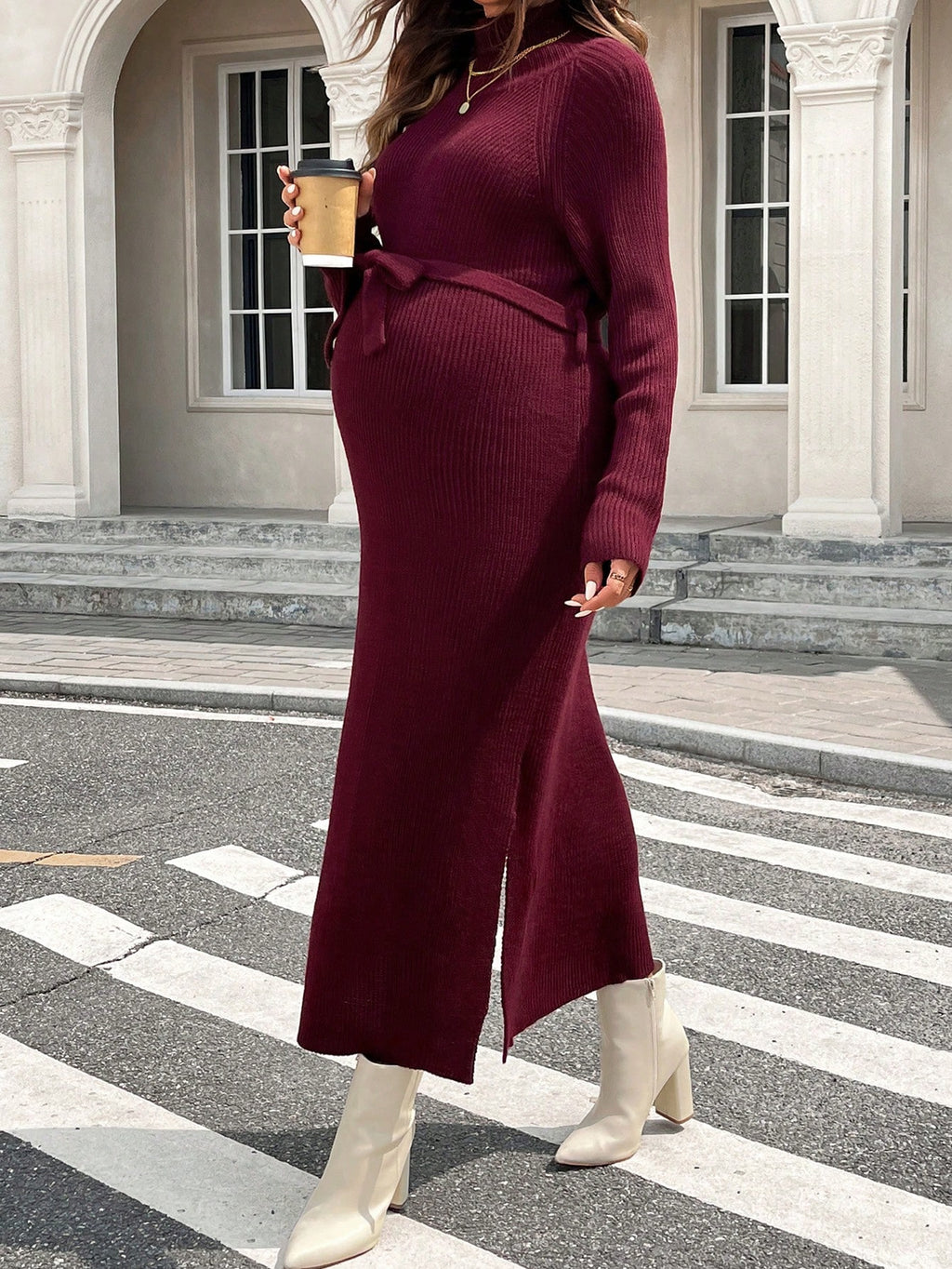 Maternity Burgundy High-Collar Open-Slit Tied Nursing Long-Sleeve Dress