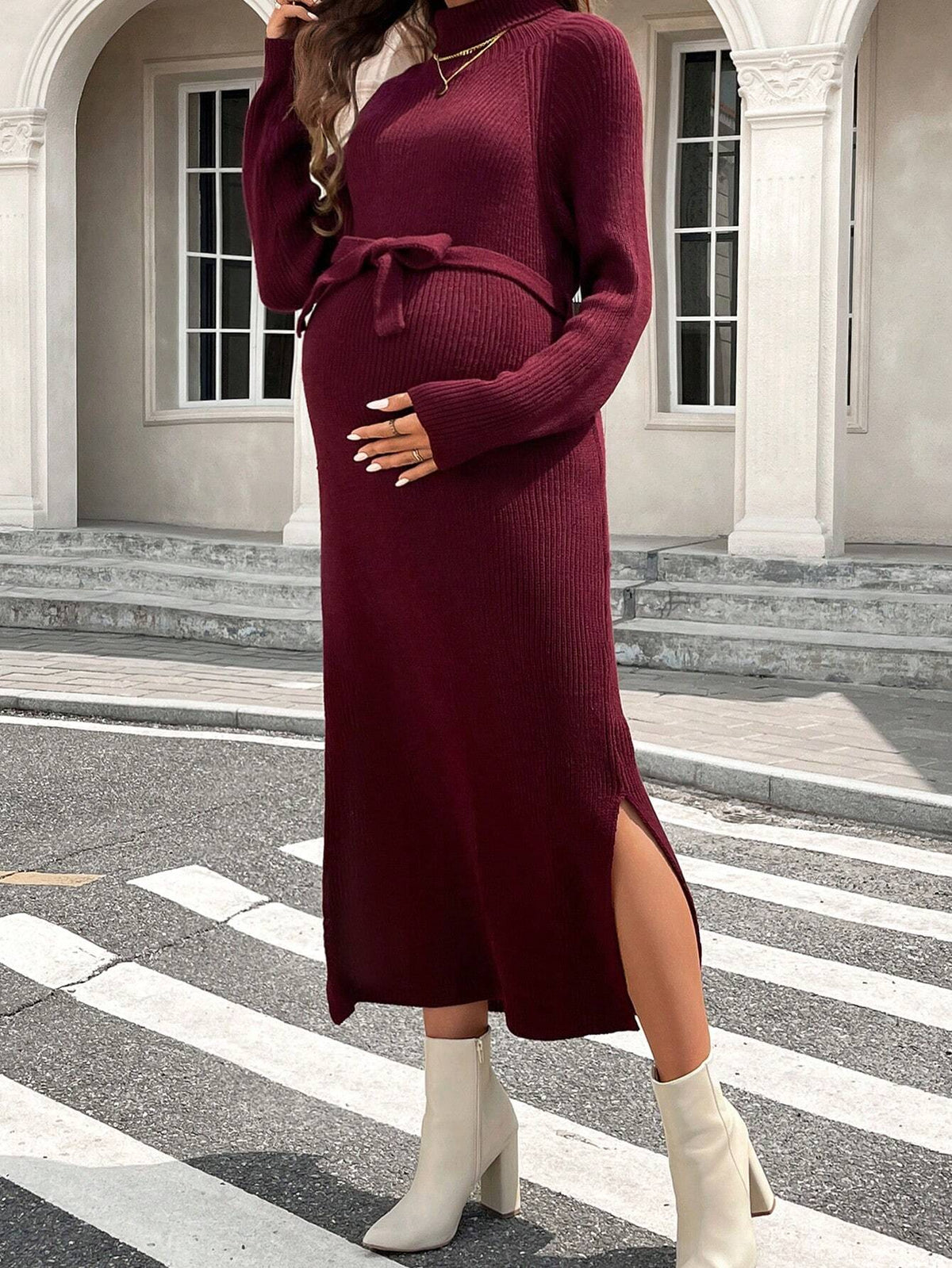 Maternity Burgundy High-Collar Open-Slit Tied Nursing Long-Sleeve Dress