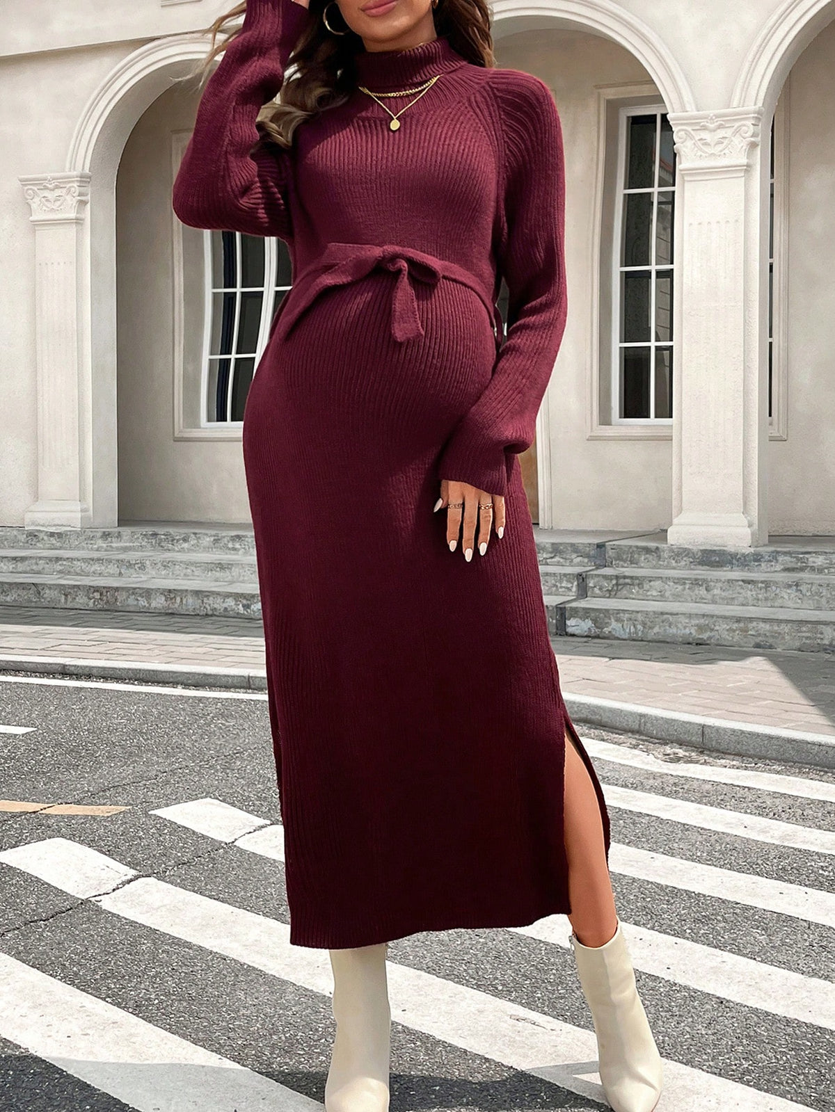 Maternity Burgundy High-Collar Open-Slit Tied Nursing Long-Sleeve Dress