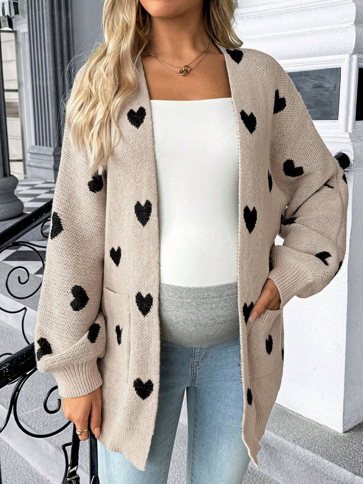 Maternity Multicolor Heart-Pattern Drop-Shoulder Pocket Knit Cardigan