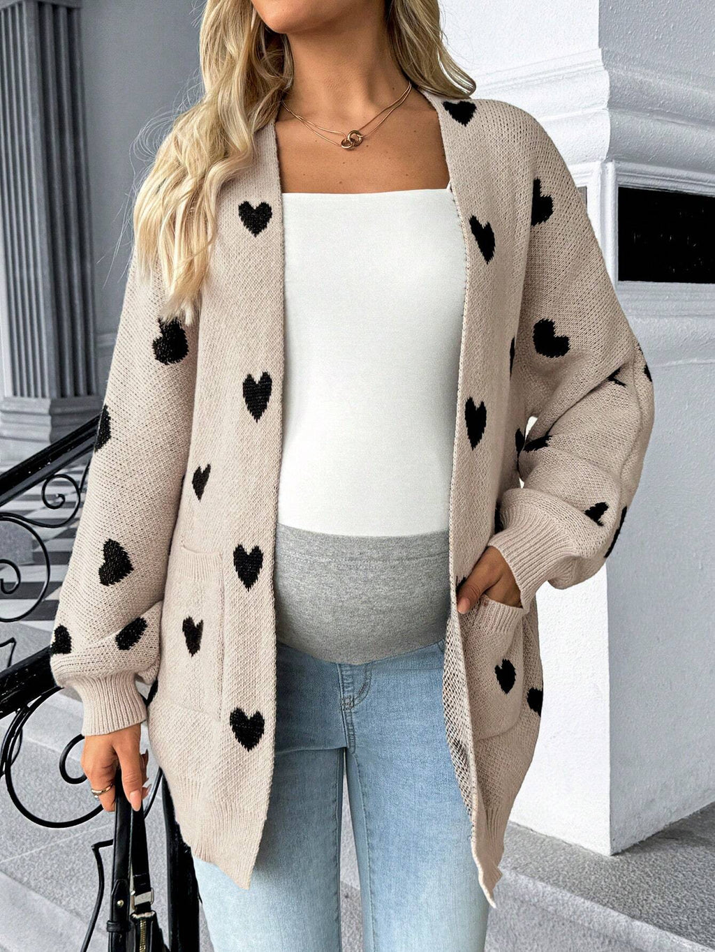 Maternity Multicolor Heart-Pattern Drop-Shoulder Pocket Knit Cardigan
