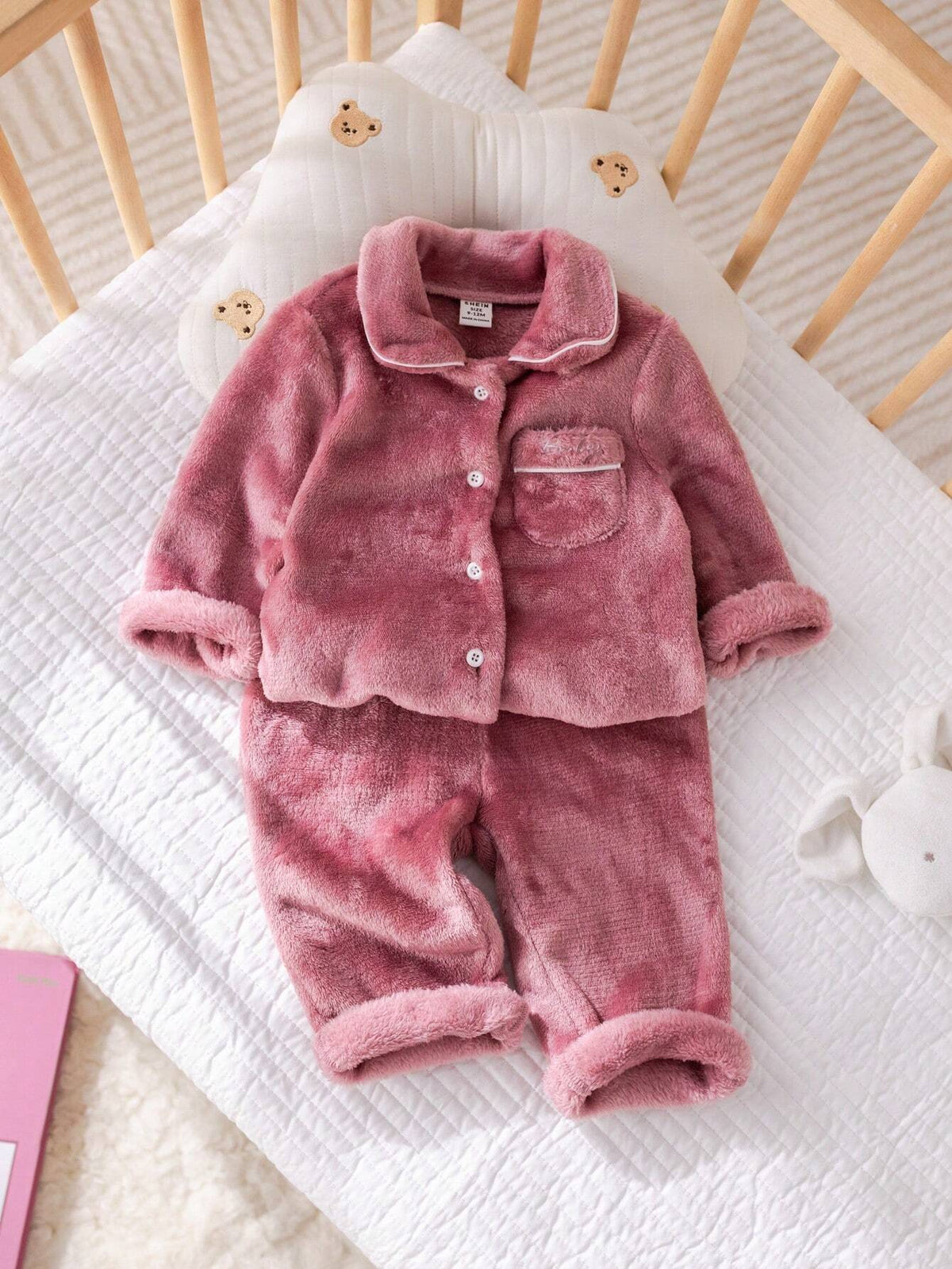 Baby Girl Flannel Embroidered Collar Pocket Pajama Set