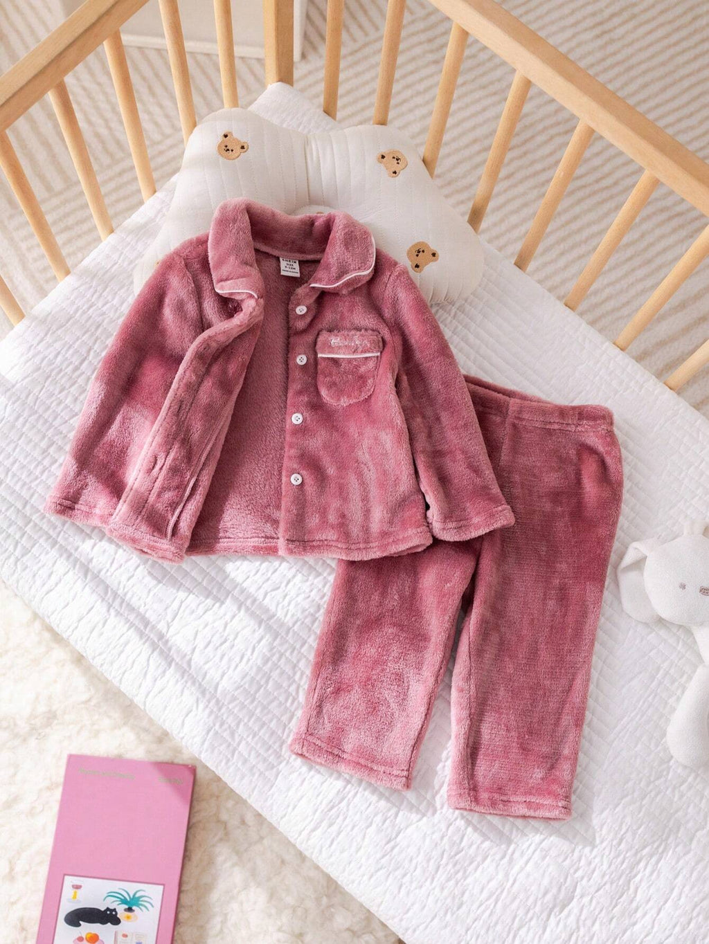 Baby Girl Flannel Embroidered Collar Pocket Pajama Set
