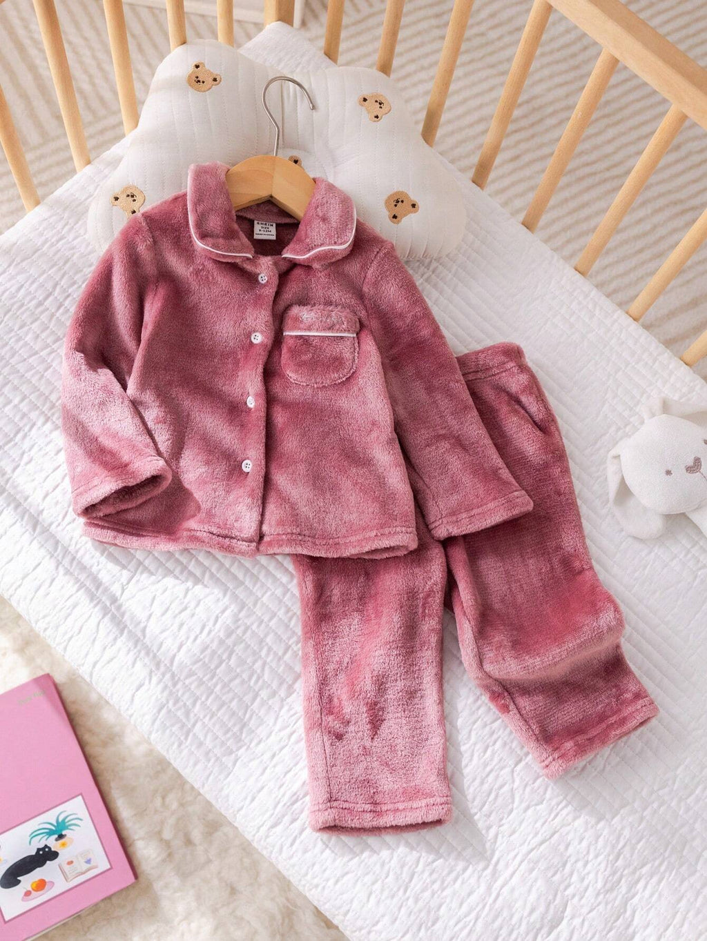 Baby Girl Flannel Embroidered Collar Pocket Pajama Set