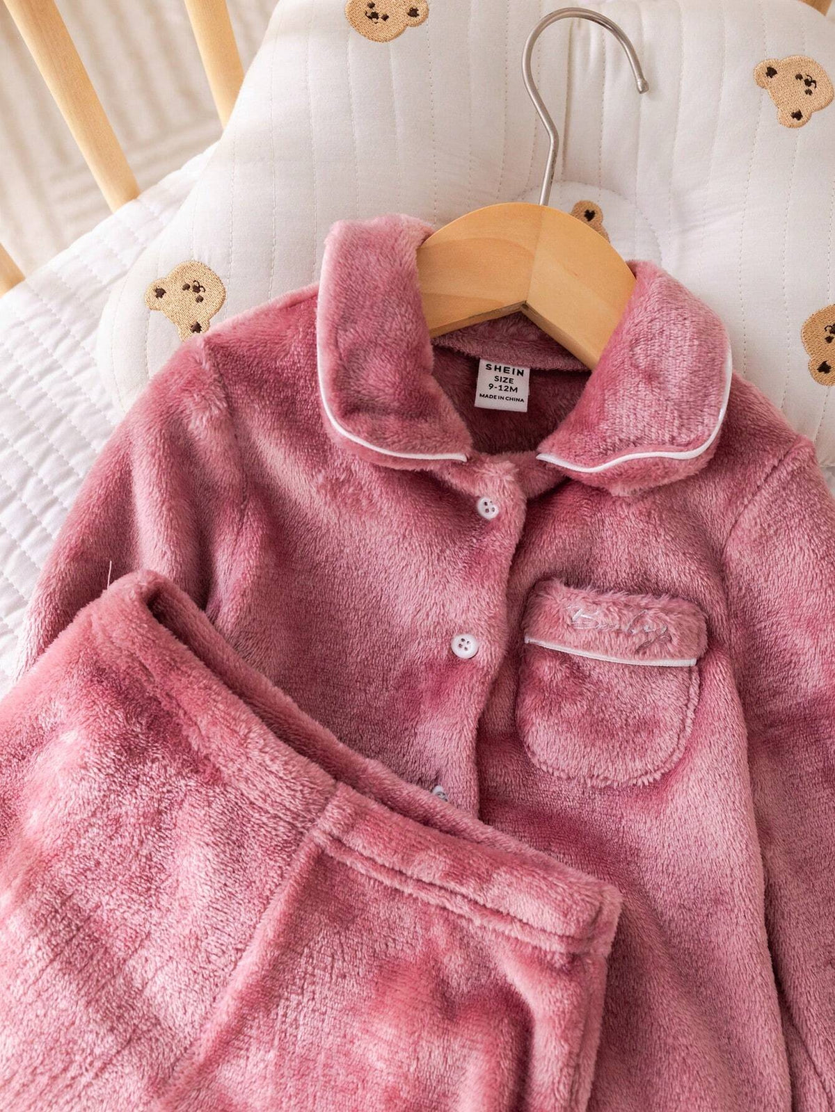 Baby Girl Flannel Embroidered Collar Pocket Pajama Set