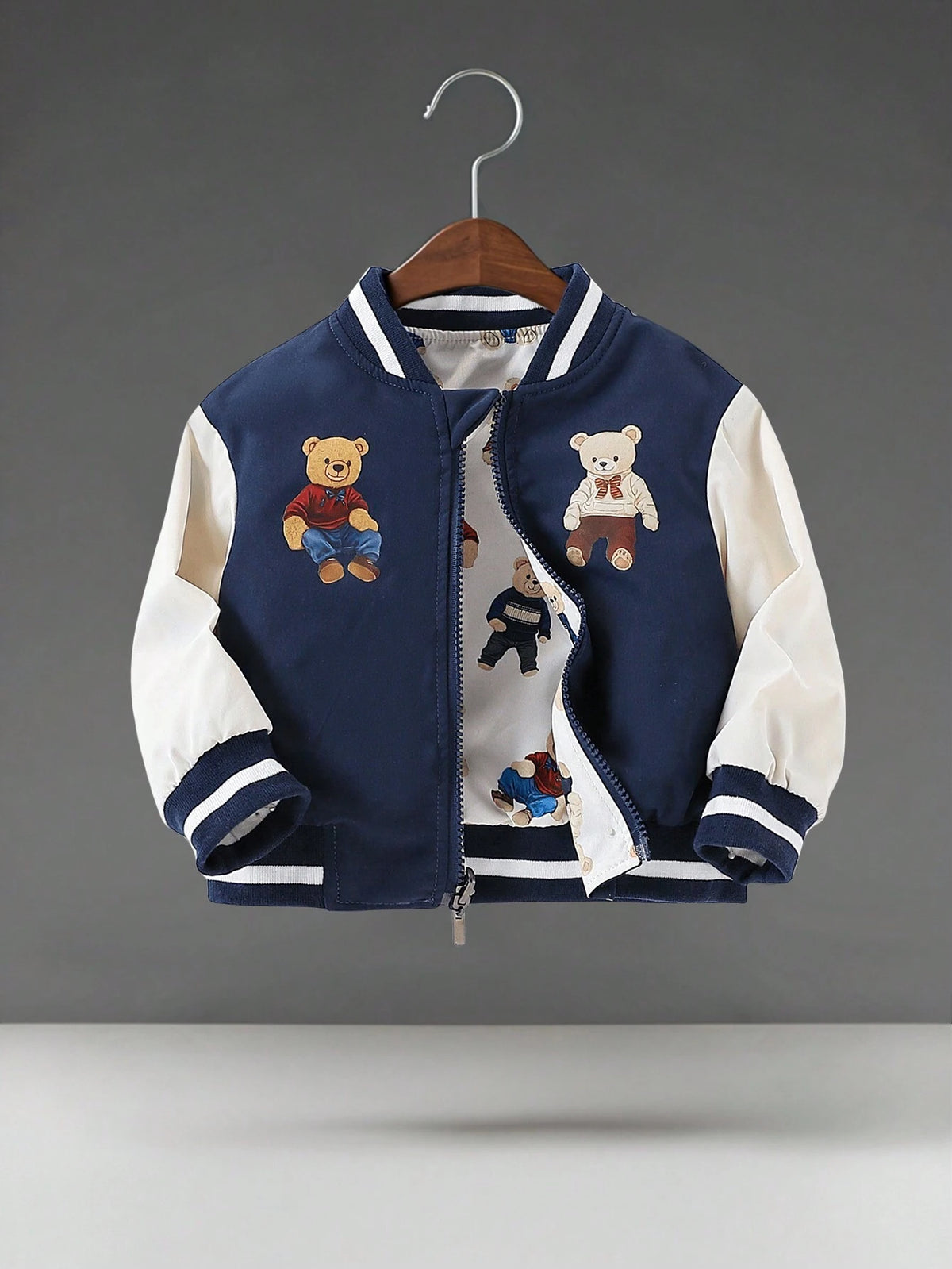 Bambinoo x Playful Pals Baby Boy Reversible Bear Varsity Jacket