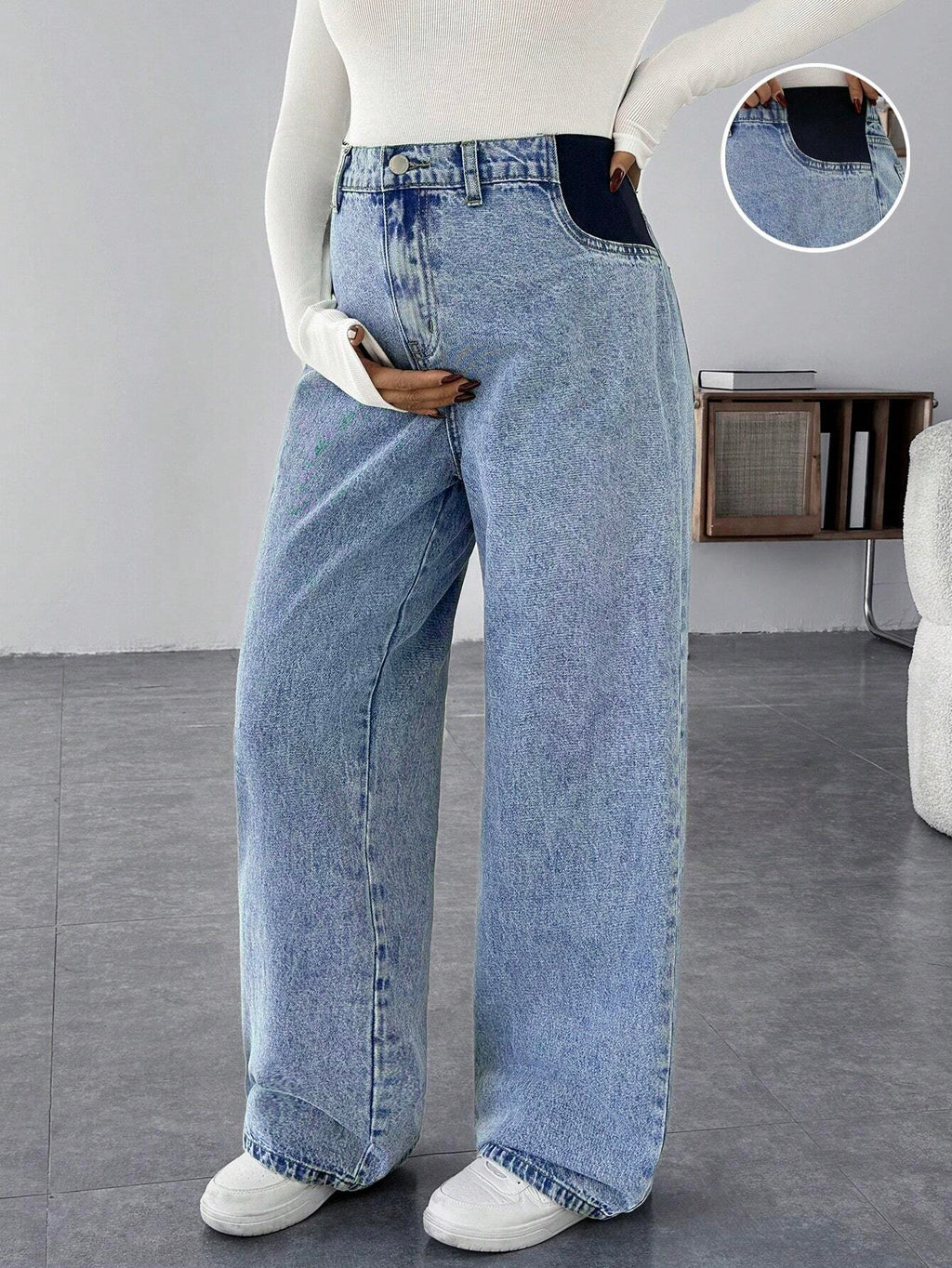 Maternity Blue Loose Straight-Leg Wide-Waist Mom Jeans