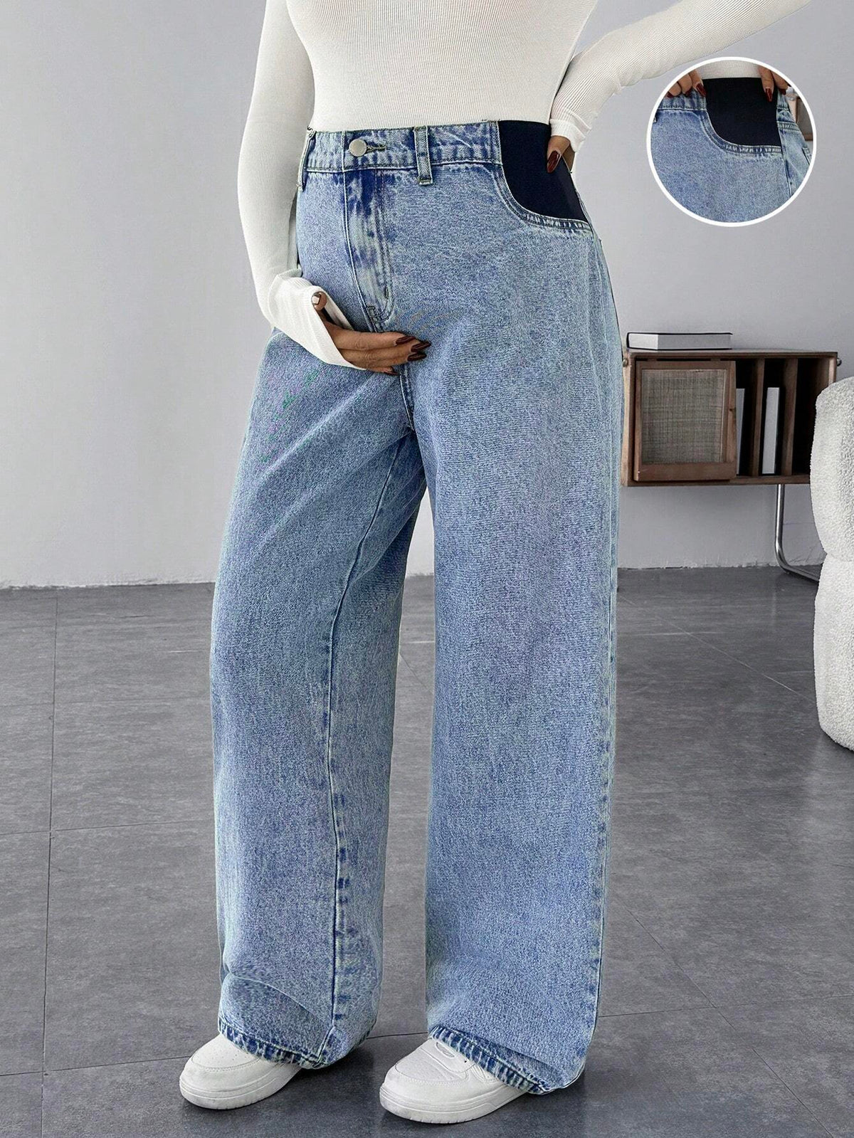 Maternity Blue Loose Straight-Leg Wide-Waist Mom Jeans