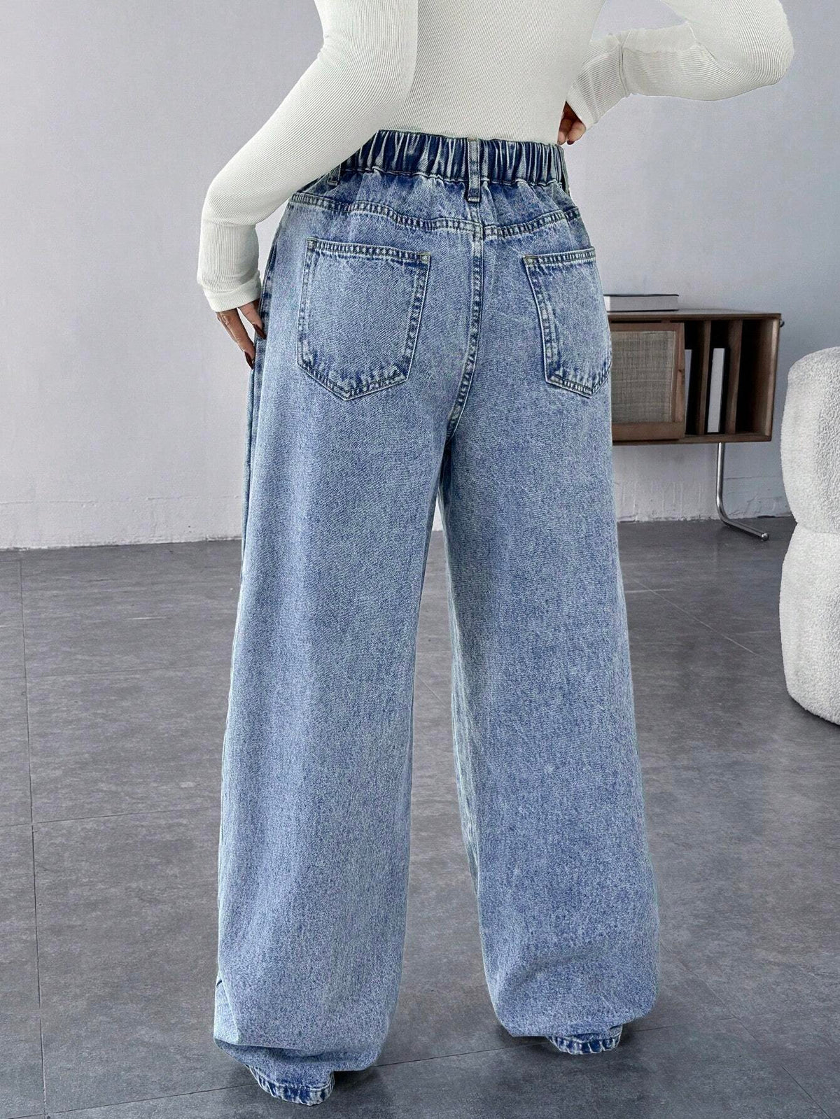 Maternity Blue Loose Straight-Leg Wide-Waist Mom Jeans