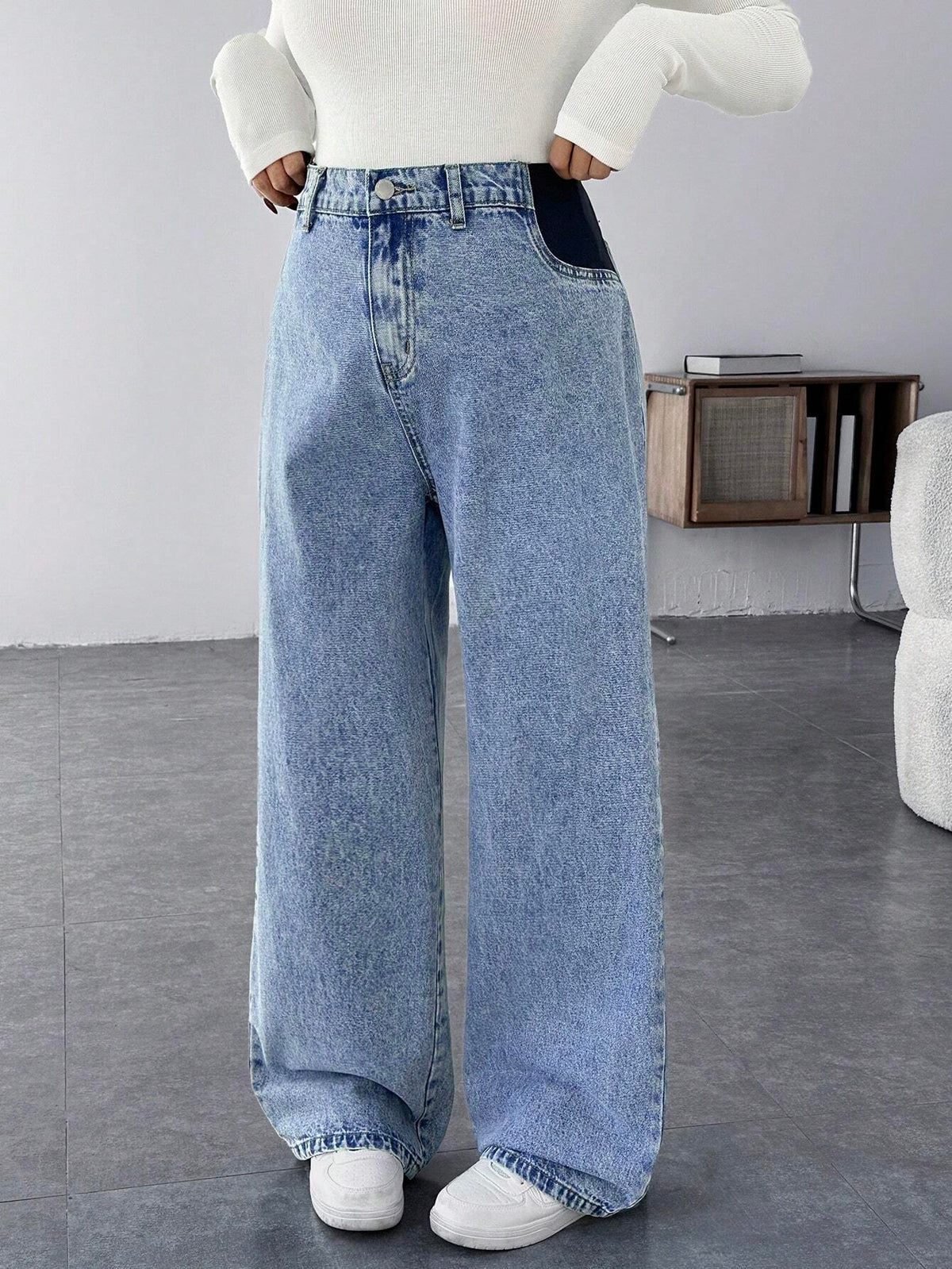 Maternity Blue Loose Straight-Leg Wide-Waist Mom Jeans