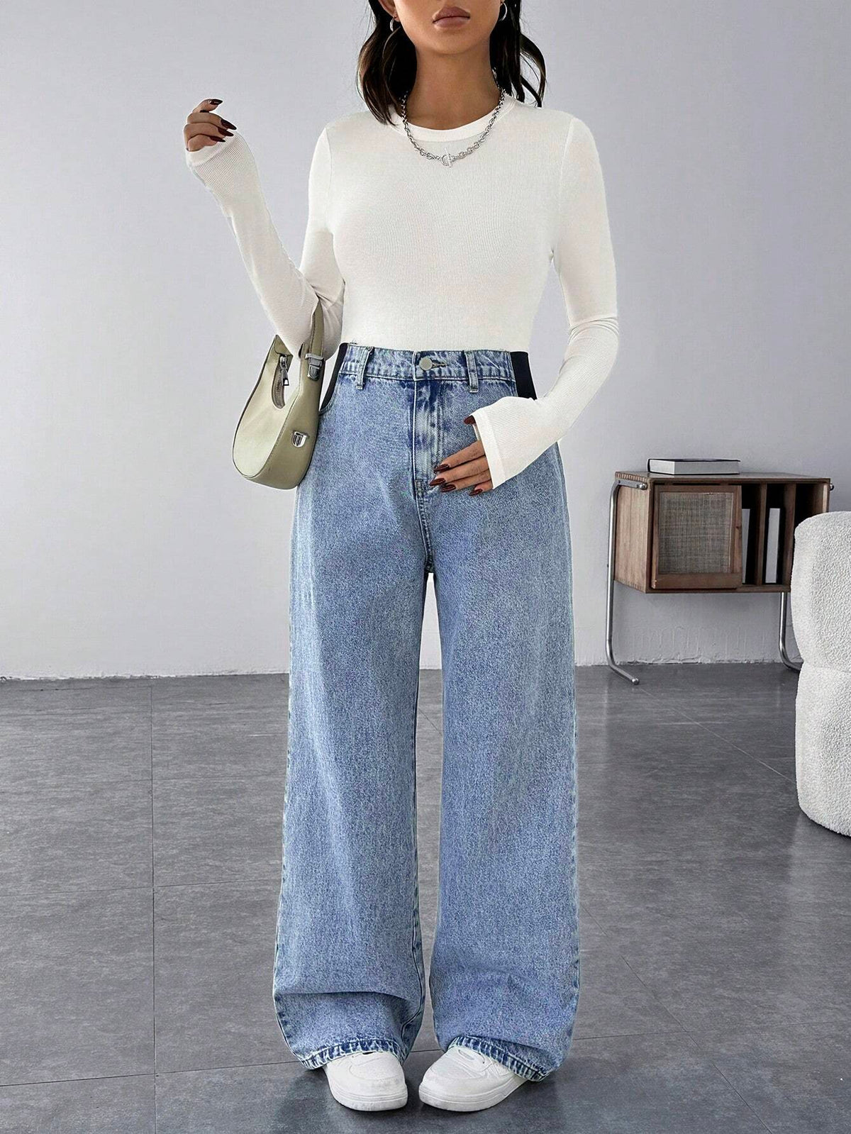 Maternity Blue Loose Straight-Leg Wide-Waist Mom Jeans