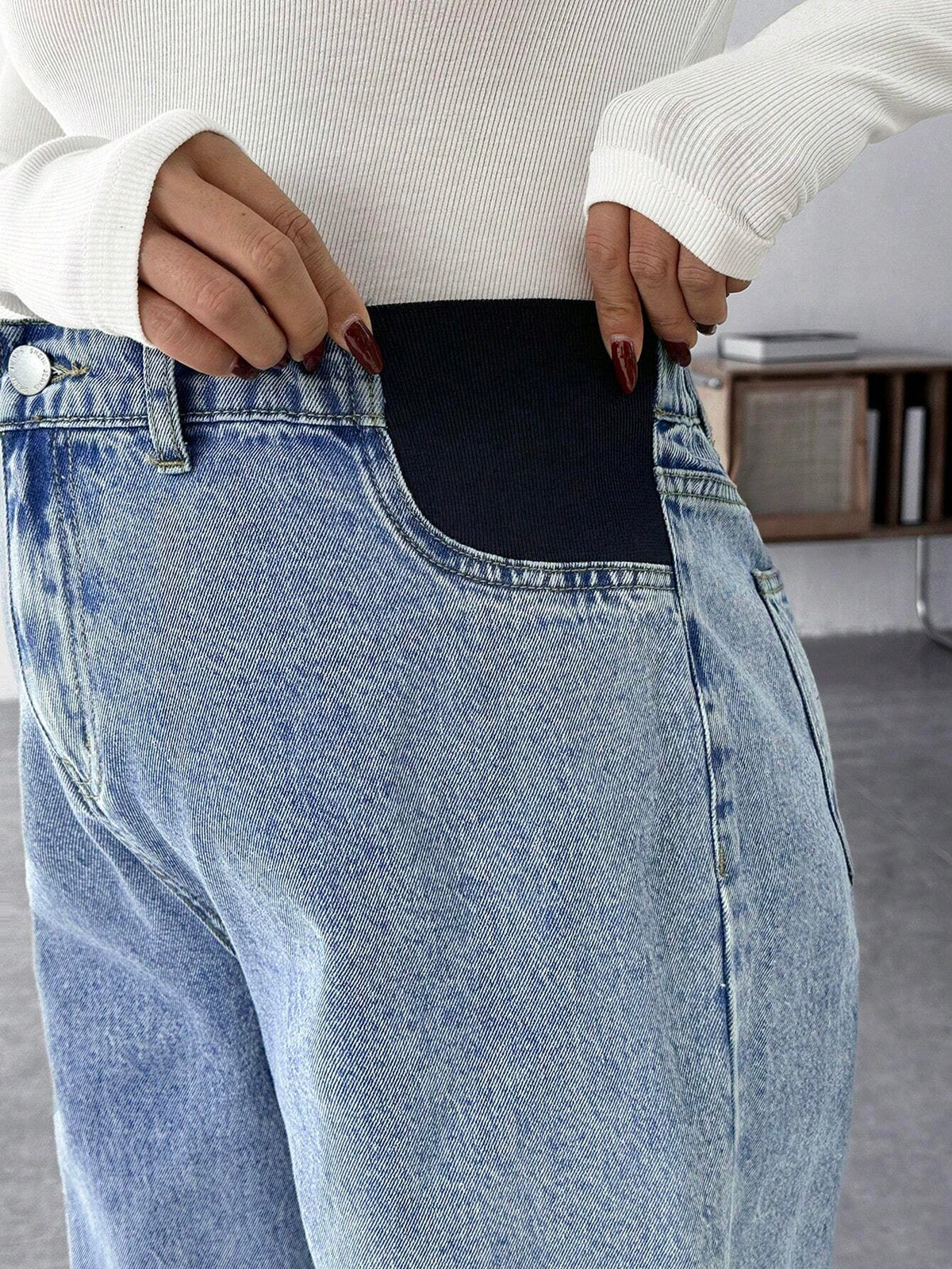 Maternity Blue Loose Straight-Leg Wide-Waist Mom Jeans