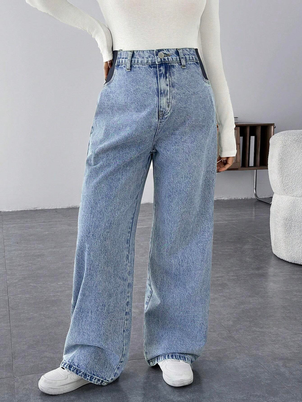Maternity Blue Loose Straight-Leg Wide-Waist Mom Jeans