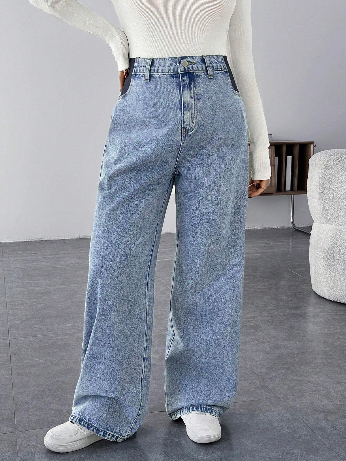 Maternity Blue Loose Straight-Leg Wide-Waist Mom Jeans