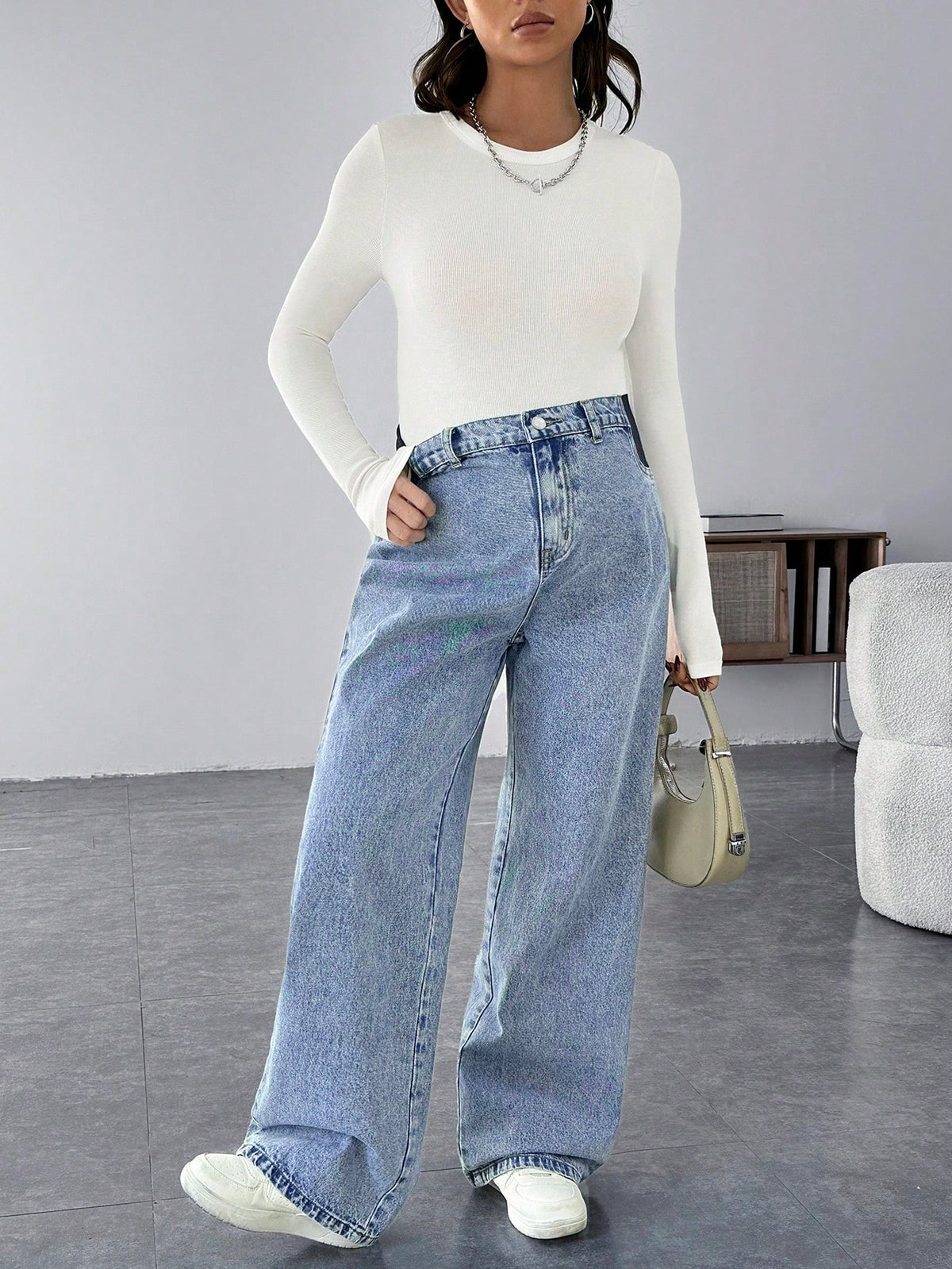 Maternity Blue Loose Straight-Leg Wide-Waist Mom Jeans
