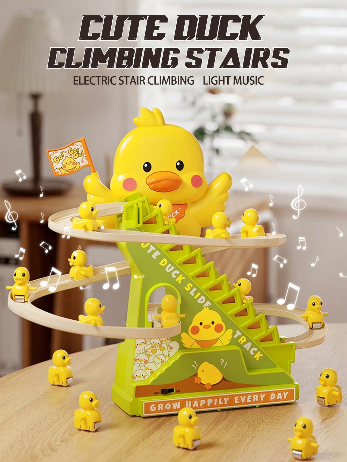 Children's Duck Slide Track Toy with Automatic Stair Climbing, Lights & Music Multicolor