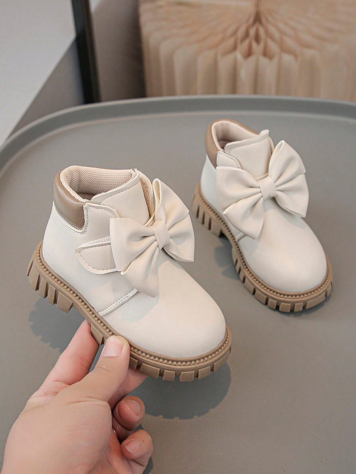 Kids' Bow Decor Lychee PU Soft Non-Slip Chelsea Boots