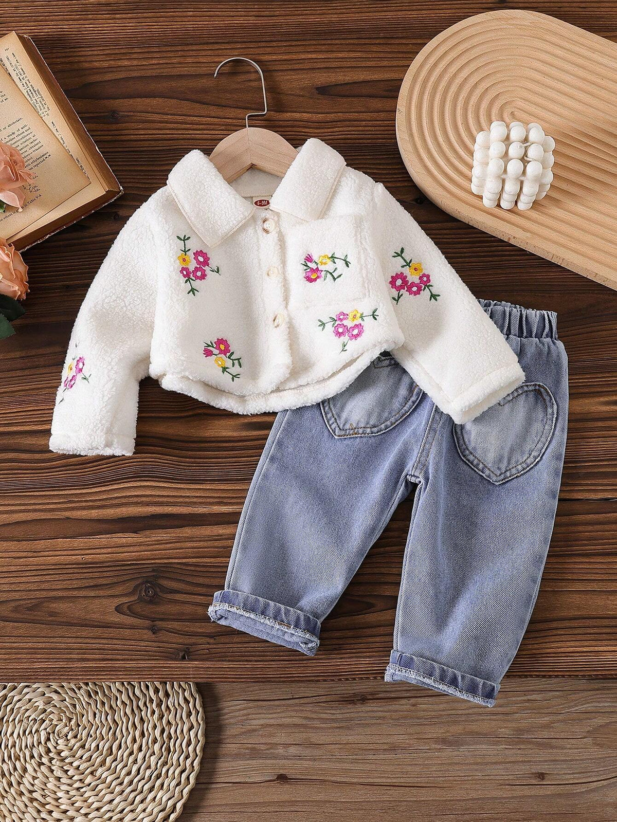 Baby Girl White Embroidered Fleece Jacket Denim Set - White