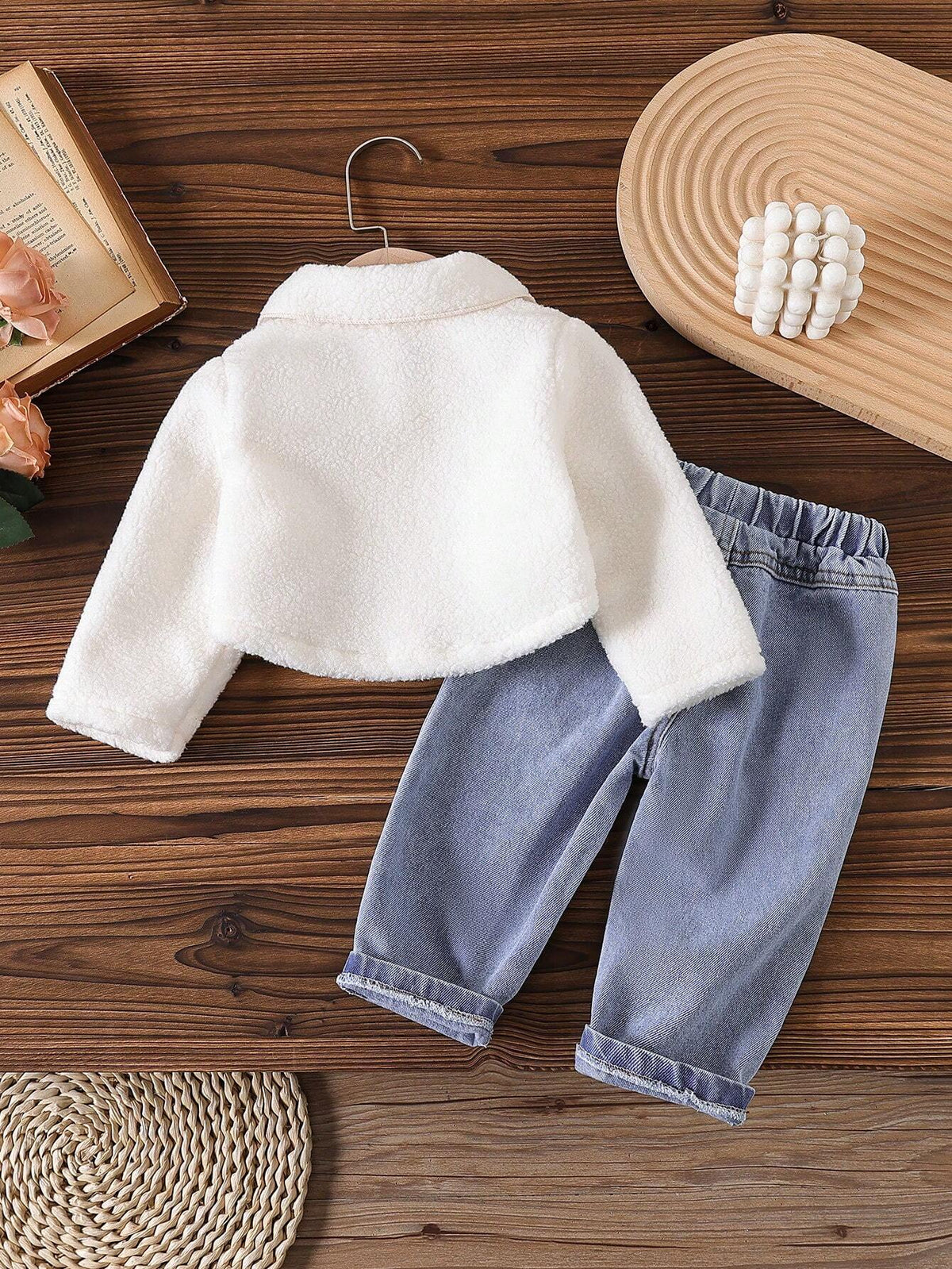 Baby Girl White Embroidered Fleece Jacket Denim Set - White