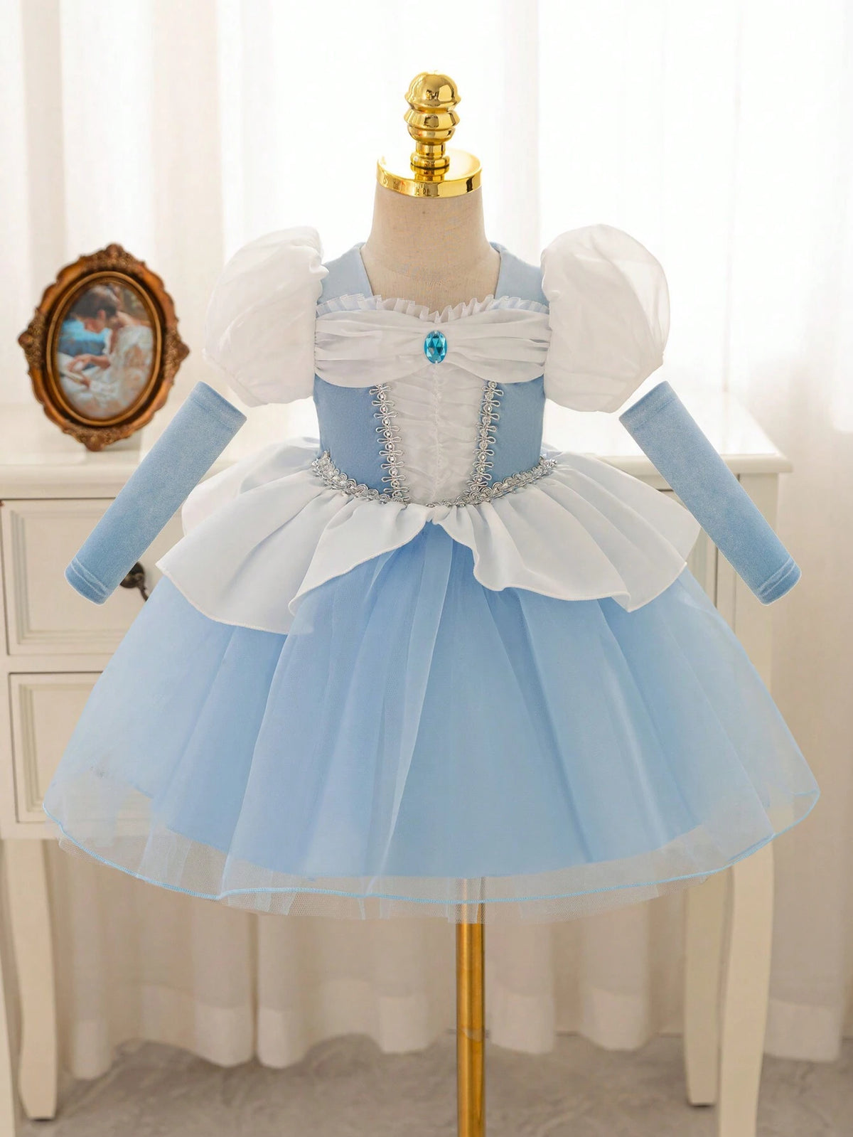 Baby Girl Flower Print Puff Sleeve Mesh Tulle Princess Ball Gown