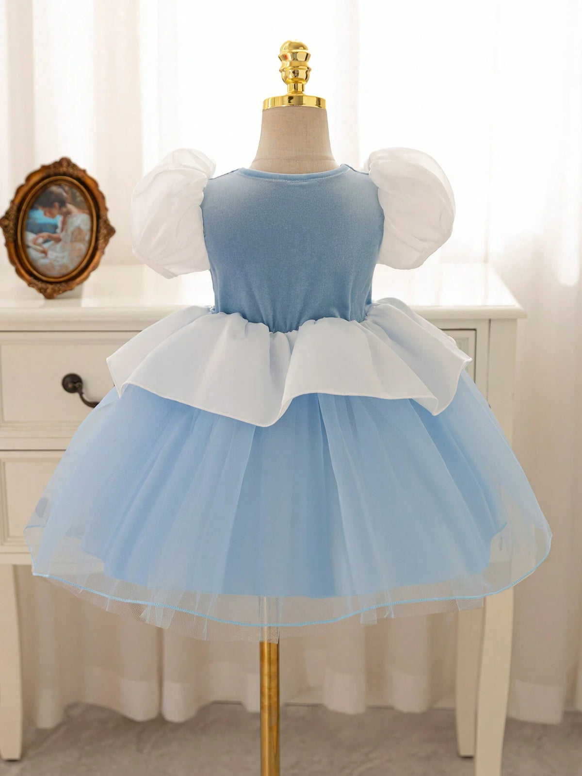 Baby Girl Flower Print Puff Sleeve Mesh Tulle Princess Ball Gown