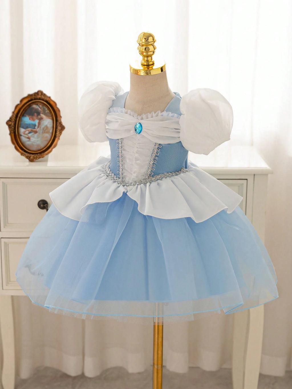 Baby Girl Flower Print Puff Sleeve Mesh Tulle Princess Ball Gown