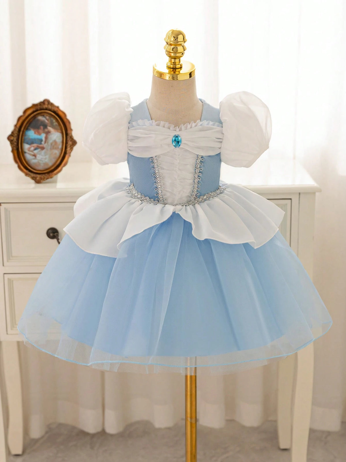 Baby Girl Flower Print Puff Sleeve Mesh Tulle Princess Ball Gown