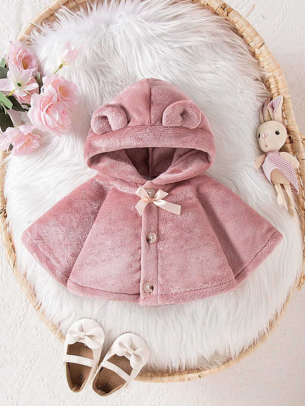 Baby Girl Plush Hooded Thick Warm Cape Dusty Pink