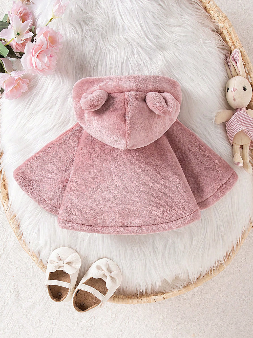 Baby Girl Plush Hooded Thick Warm Cape Dusty Pink