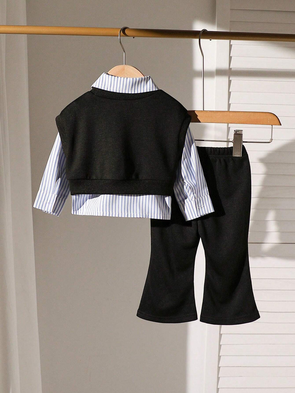 Baby Girl Heart Embroidered Vest Striped Flared Pants Set