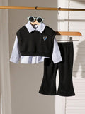 Baby Girl Heart Embroidered Vest Striped Flared Pants Set
