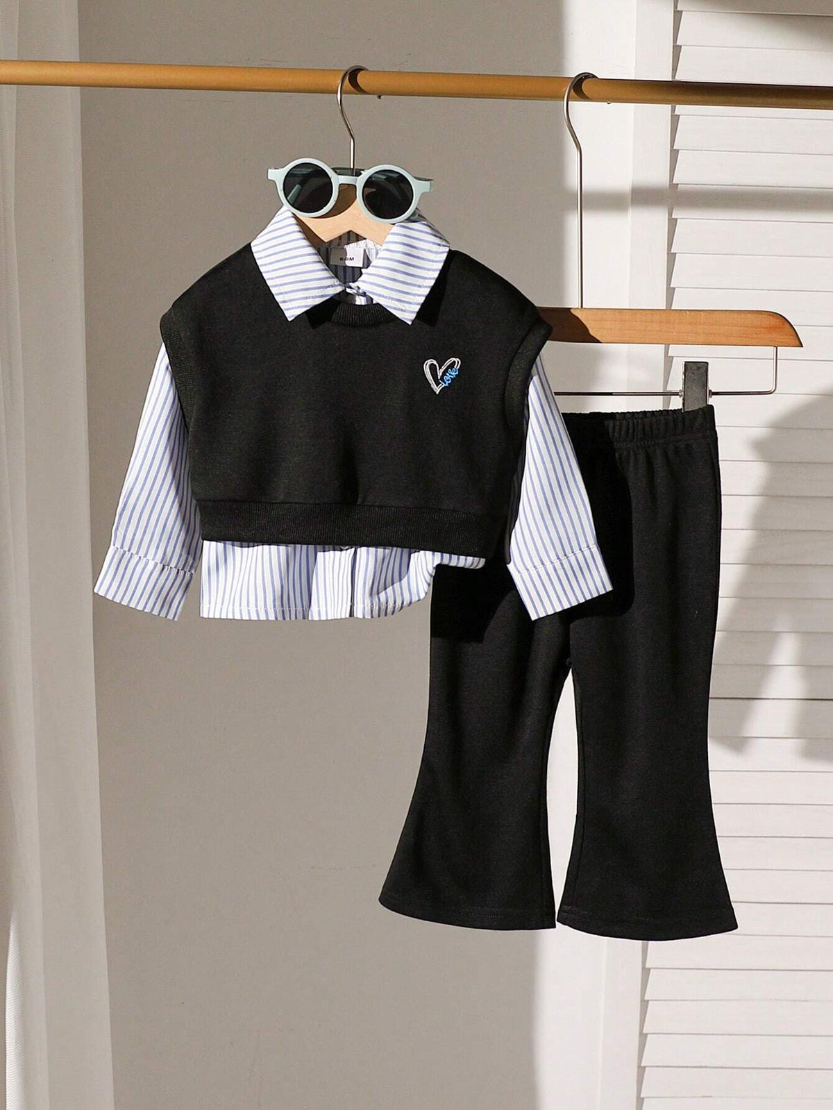 Baby Girl Heart Embroidered Vest Striped Flared Pants Set