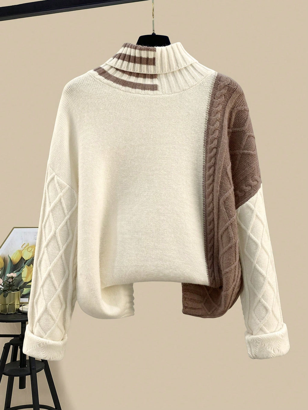 Women's Multicolor High-Neck Pullover Sweater And Skirt Set