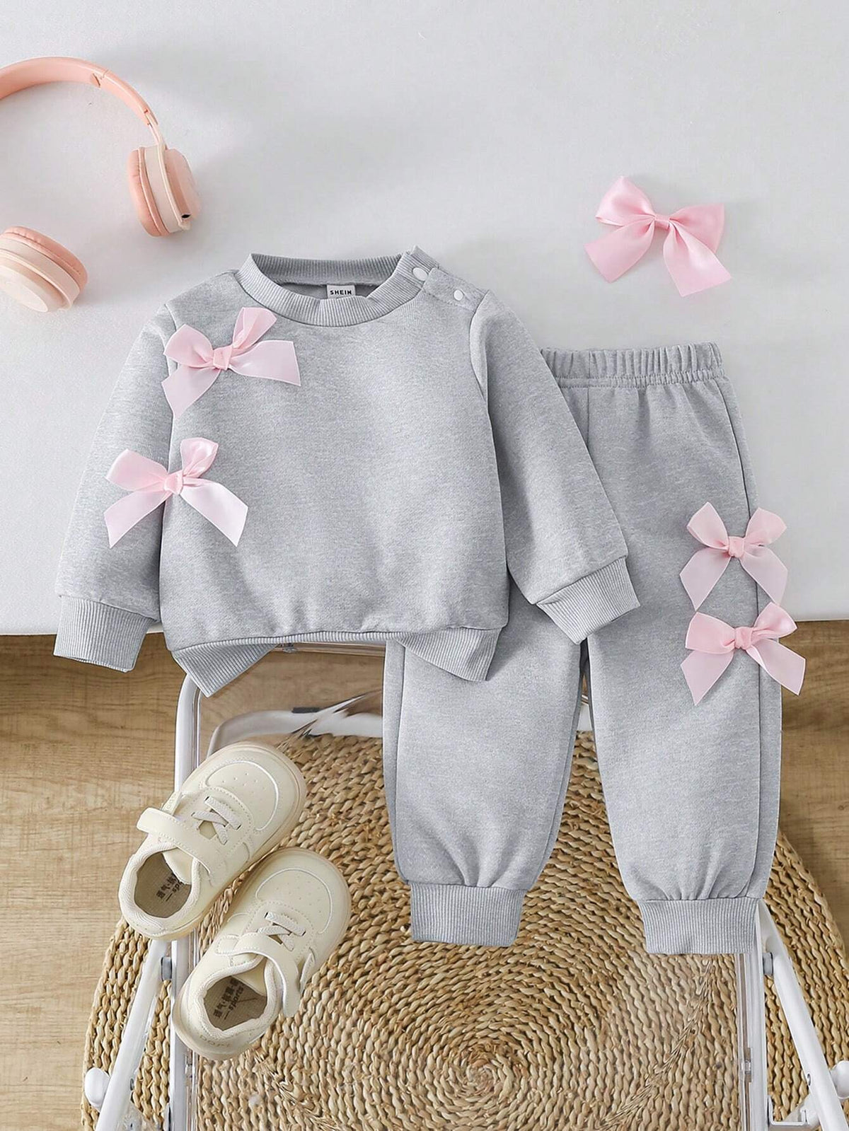 Baby Girl Purple Bowknot Sweatshirt Pants Set Light Grey