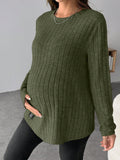 Maternity Army Green Letter-Patched Ribbed-Knit Long-Sleeve Shirt