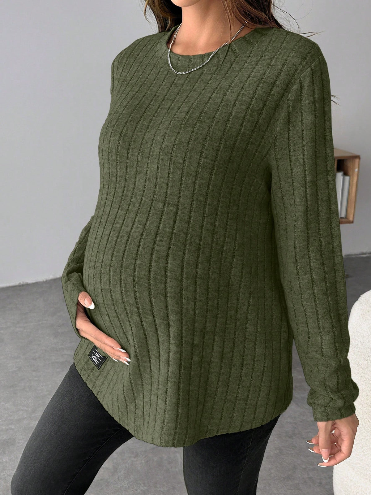 Maternity Army Green Letter-Patched Ribbed-Knit Long-Sleeve Shirt